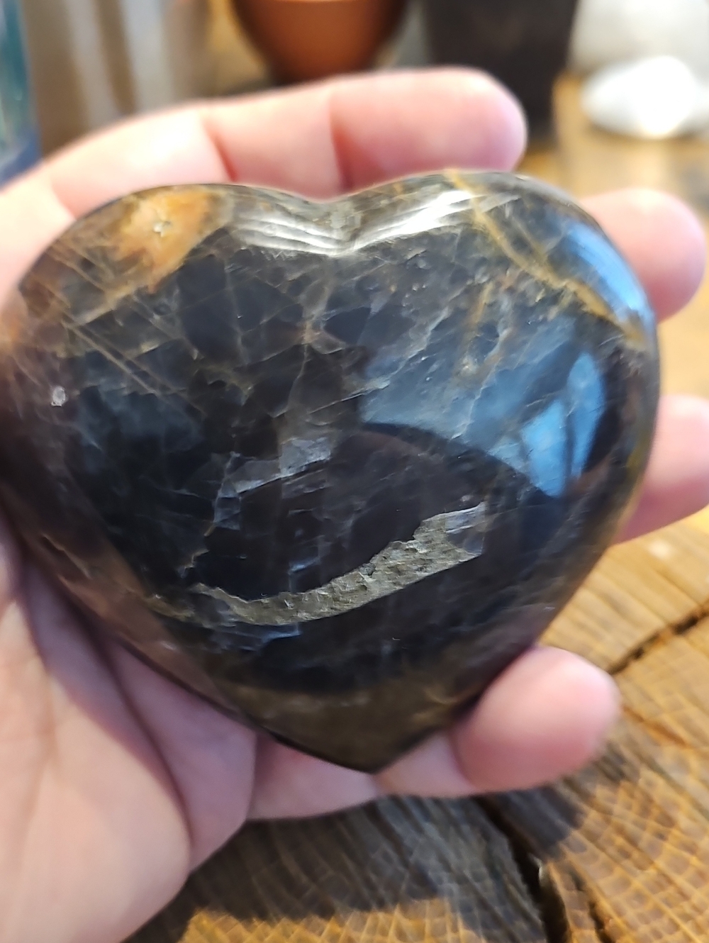 Polished Heart-shaped Black Moonstone Palm Stone